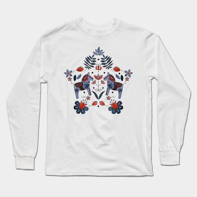 Scandinavian Folklore Dala Horse Long Sleeve T-Shirt by LotusArtStudio